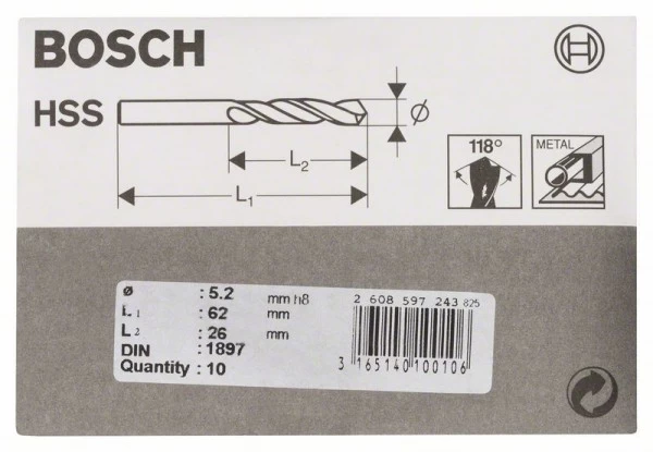 Bosch Karosseriebohrer HSS-R, DIN 1897, 5,2 X 26 X 62 Mm, 10er-Pack 2608597243 – Bild 2